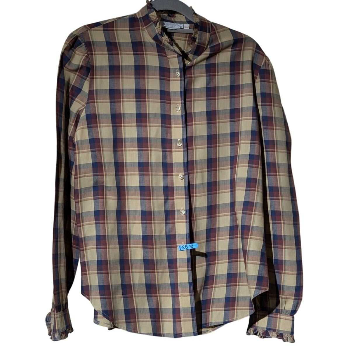 Villager Vtg Brown Navy Plaid Ruffled Collar & Cuff Button Up Shirt Women's 14