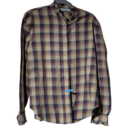 Villager Vtg Brown Navy Plaid Ruffled Collar & Cuff Button Up Shirt Women's 14