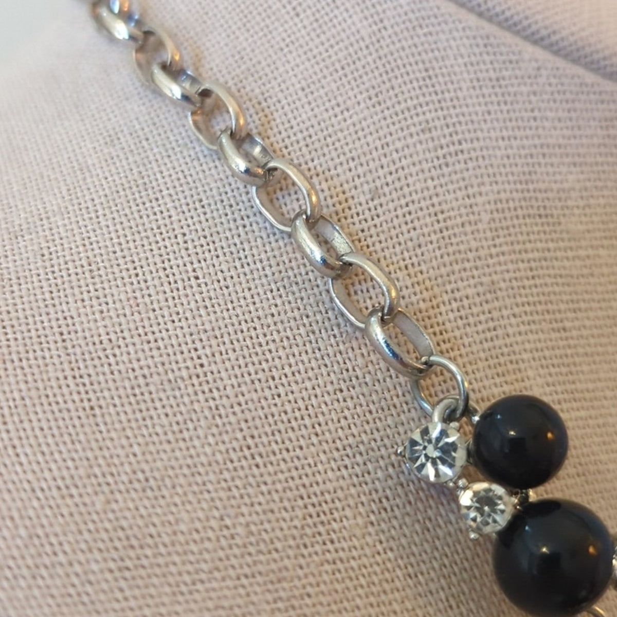 Silver Tone Rolo Chain Three Black Bead & Rhinestone Station Statement Necklace