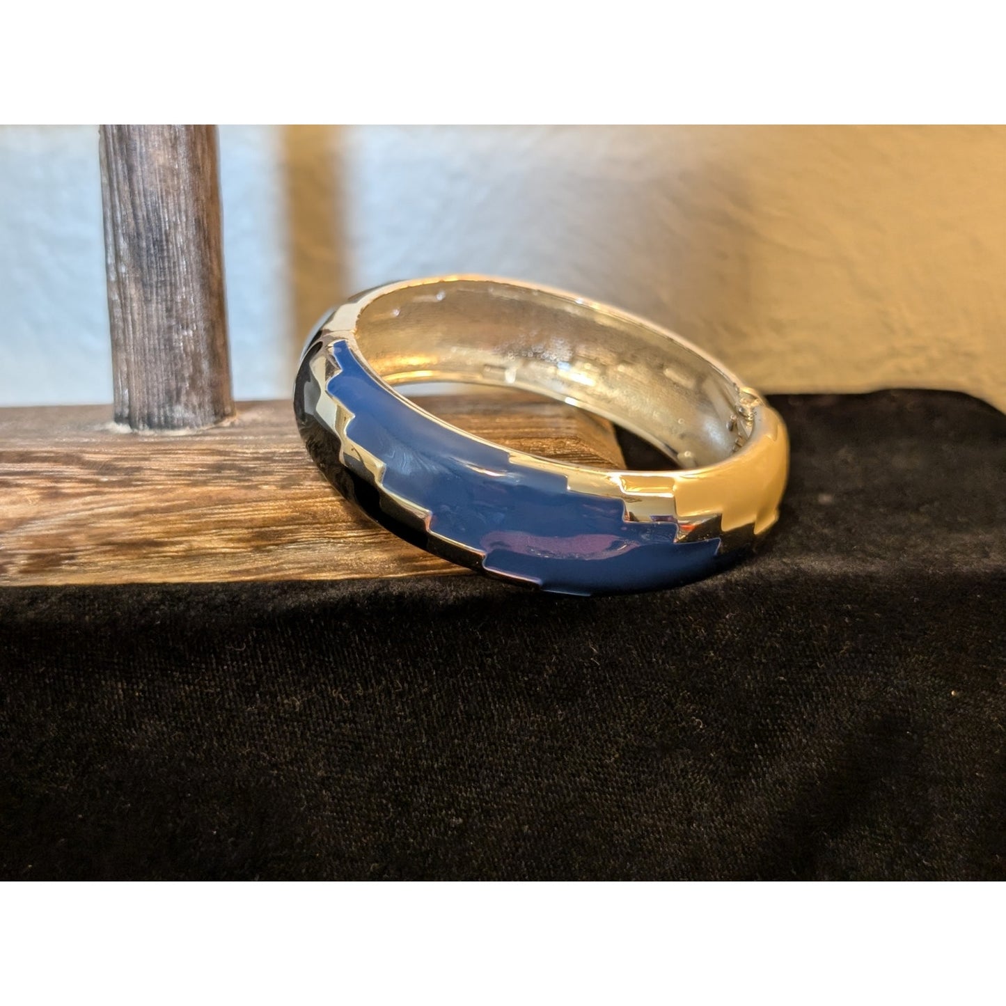 Two Bangle Lot Blue Cream Black Enamel Clamper & Twisted Bangle W/ Charm
