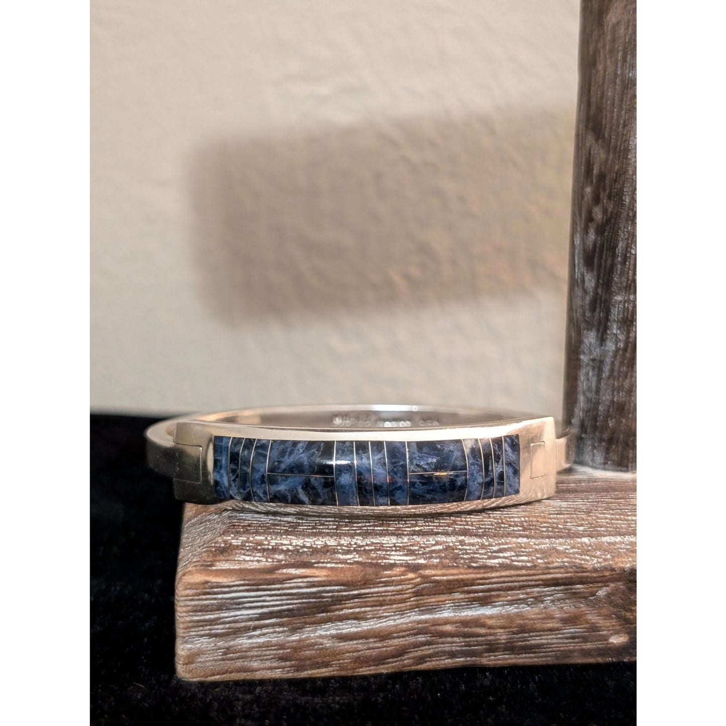 Vintage Substantial Mexican 950 Sterling Silver Sodalite Inlay Bangle Bracelet