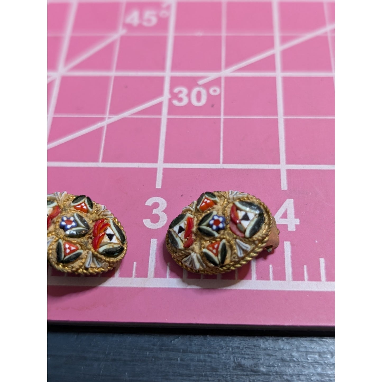 Antique Italian Micro Mosaic Multi Color Brooch & Matching Clip On Earrings