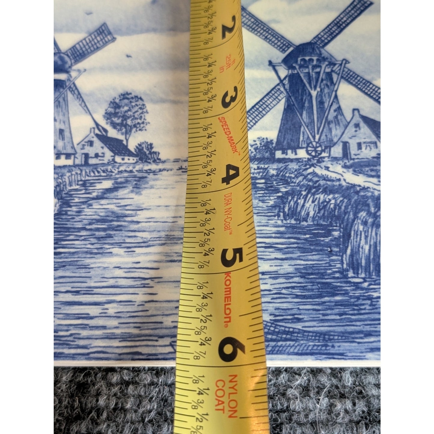 Vtg 6" Delft Blue Tile Trivet Dutch Windmills and Canal Stamped Roman Numeral II