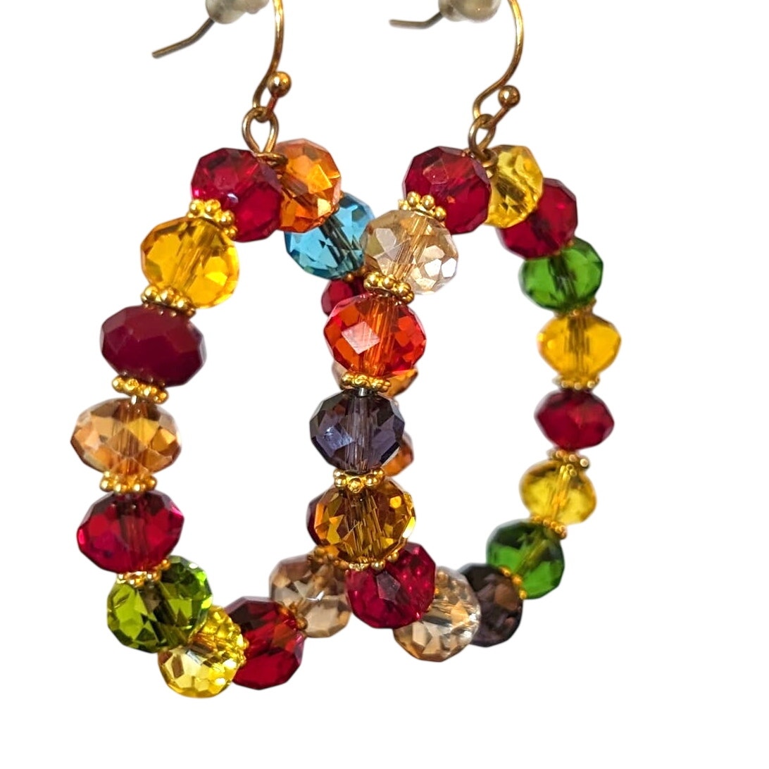 Gorgeous Colorful Glass Crystal Bead 1.75" Hoop Dangle Earrings