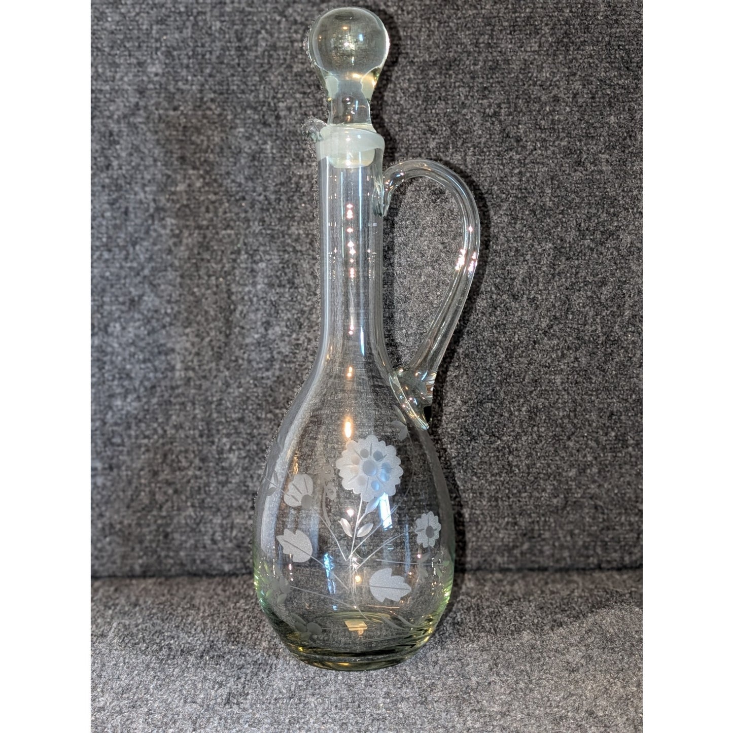 Vintage Made in Peru Floral Etched Glass Tall Decanter W/ Stopper