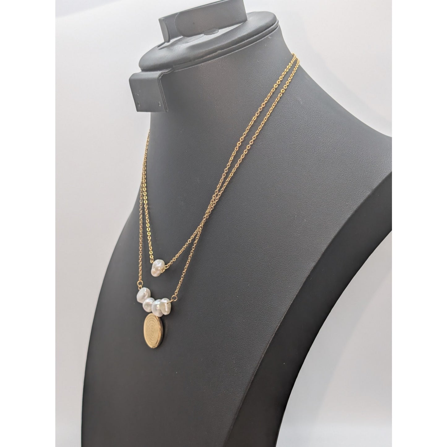 Gold Stainless Steel Pearl Double Strand Spanish 'Our Father' 17.5" Necklace