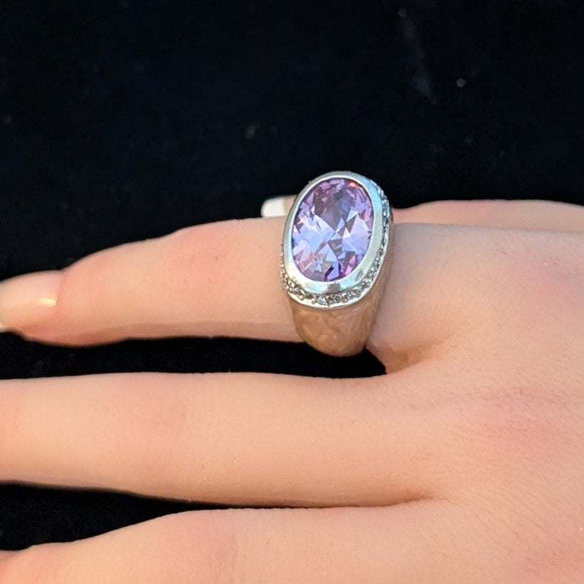 Signed LGA 925 Enamel Faceted Purple Crystal Center Stone Cocktail Ring Sz. 6