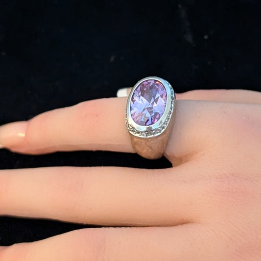 Signed LGA 925 Enamel Faceted Purple Crystal Center Stone Cocktail Ring Sz. 6