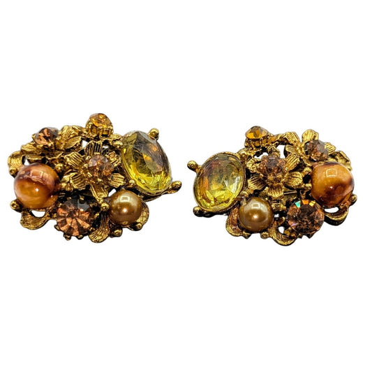 VTG Signed Selini 1950s Citrine Crystal Faux Pearl Rhinestone Clip On Earrings