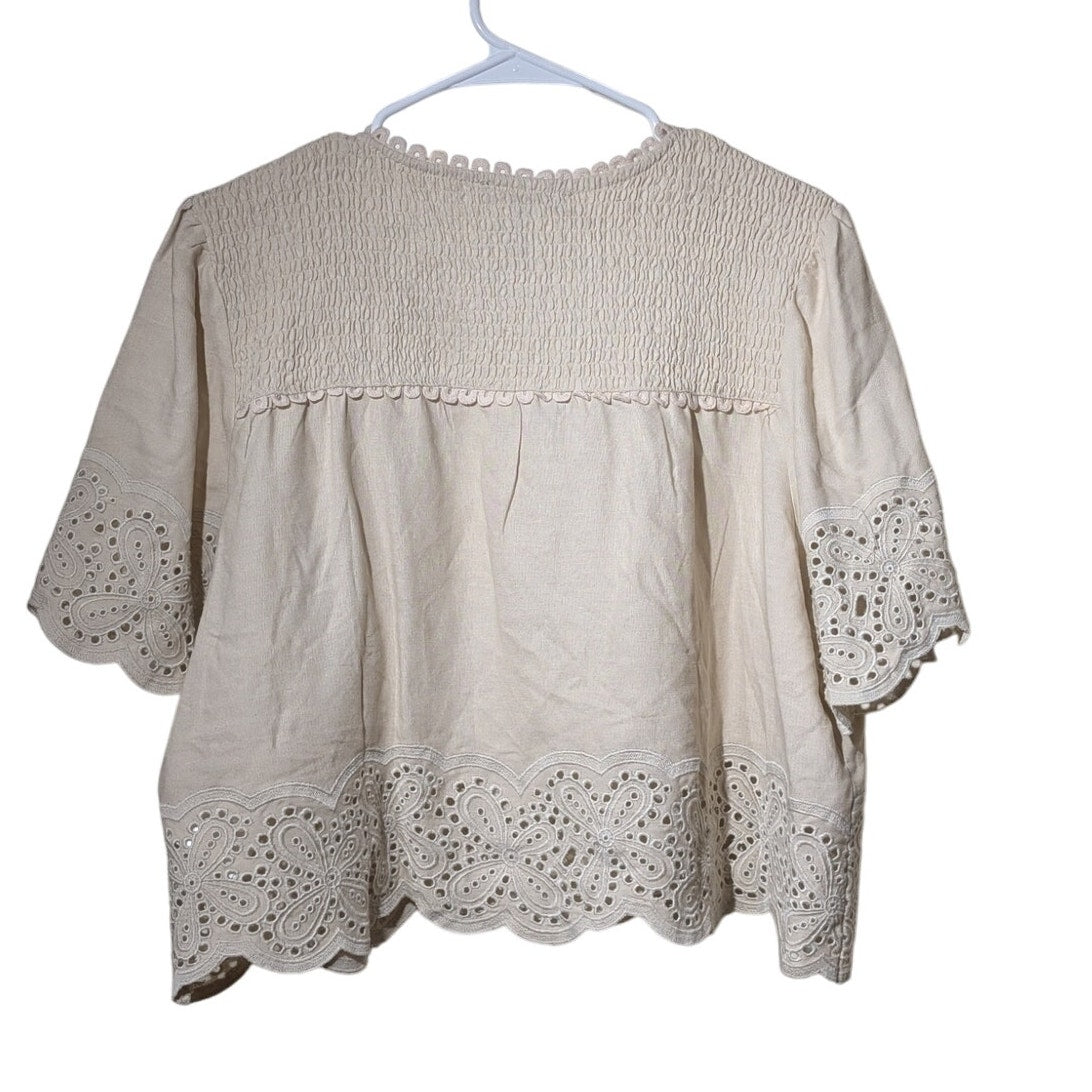 Ellen Tracy Ecru Linen Blend Smock Back Hem & Sleeve Trimmed V-Neck Crop Top L