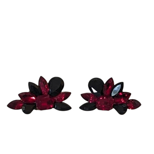 1980s Vintage Red/Pink and Black Glass Crystal Clip on Earrings on Original Card