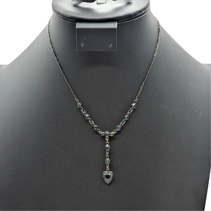 Gun Metal 'Y' Drop Blue Austrian Crystal U.S.A. Heart Chain 16" Necklace