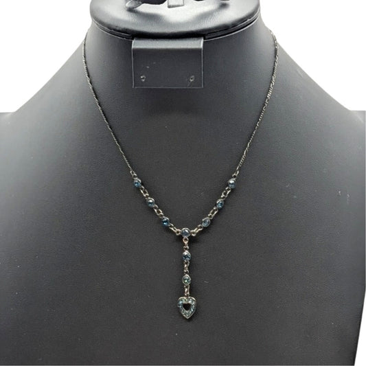 Gun Metal 'Y' Drop Blue Austrian Crystal U.S.A. Heart Chain 16" Necklace