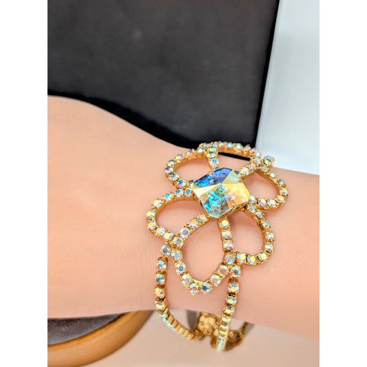 Vintage Mid-Century AB Crystal Rhinestone Gold Tone Bracelet W/ Safety Chain