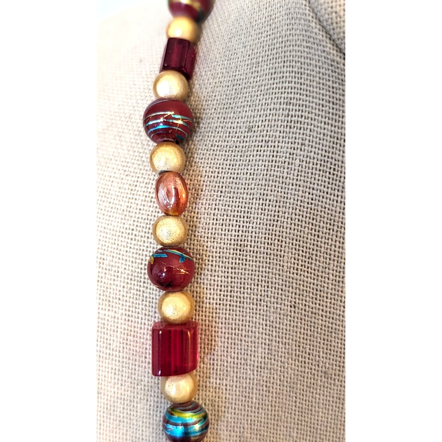 Vintage Metallic Drawbench, Square Lampwork, Art Glass 925 Clasp Bead Necklace