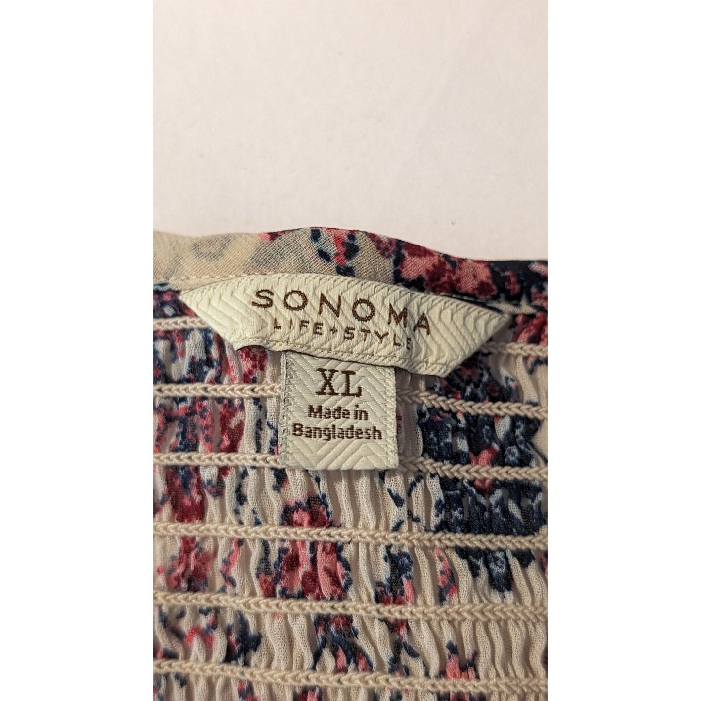 Sonoma Smock Tie Front 3/4 Elastic Sleeve Navy Pink Cream Floral Top Women Sz XL