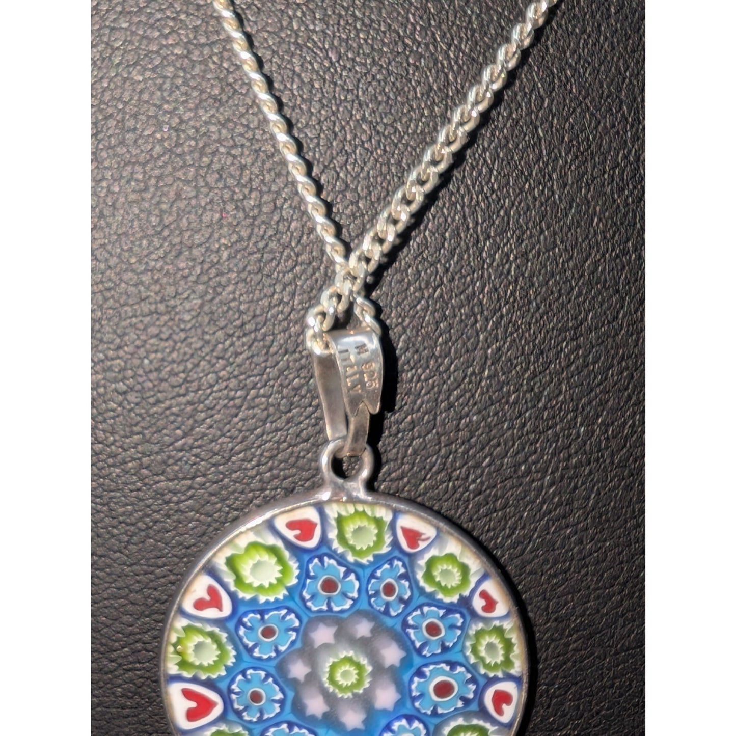 Signed M Italy 925 Murano Glass Millefiori Pendant 20" Sterling Chain Necklace