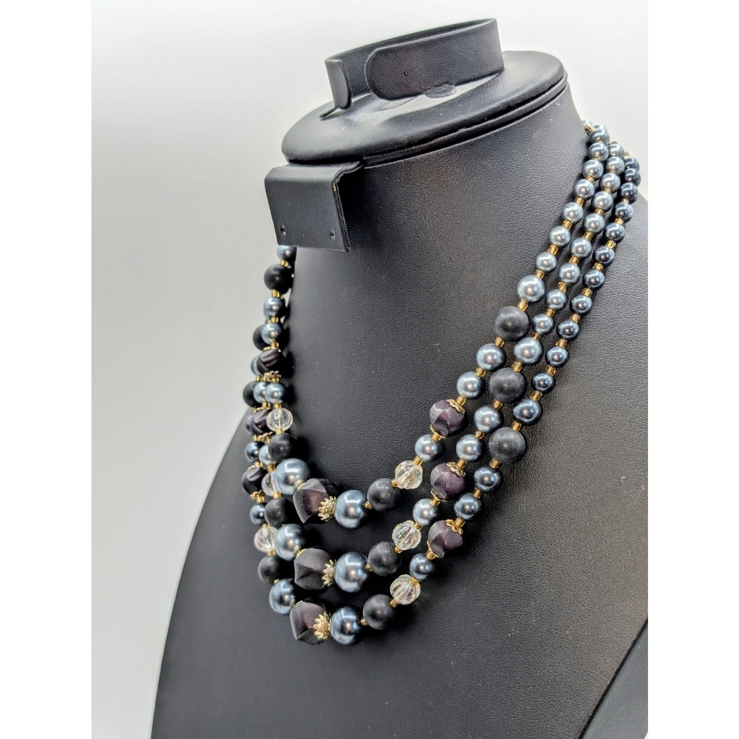 Vintage Triple Strand Gray W/ Purple Tint Austrian AB Crystal Bead Necklace