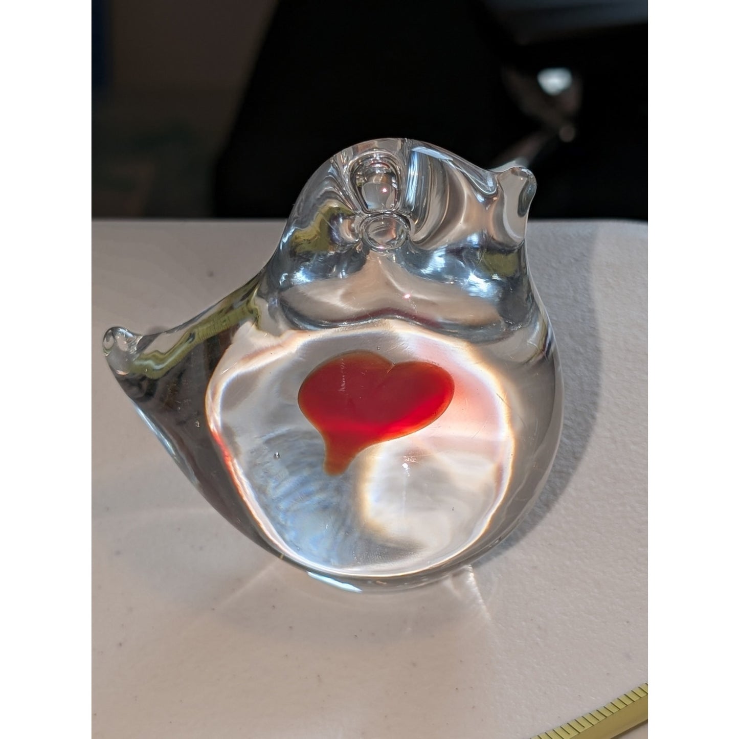 Made in Sweden Clear Art Glass Bird W/ Red Heart Paperweight Figurine