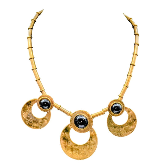 Vintage Brass Open Circles Black Cabochon Tribal Statement Necklace