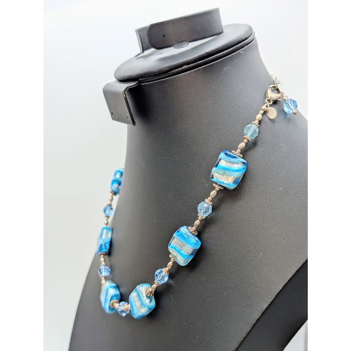 Vintage LCG 925 Sterling Silver Blue Striped Foil Murano Bead 18"-21" Necklace