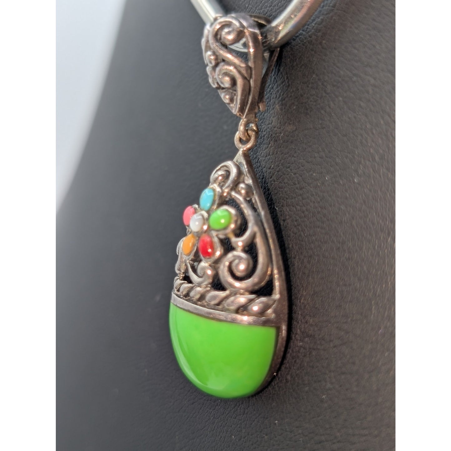 VTG Green Teardrop Multi-Color Stone 925 Sterling Silver Filigree Pendant (Only)