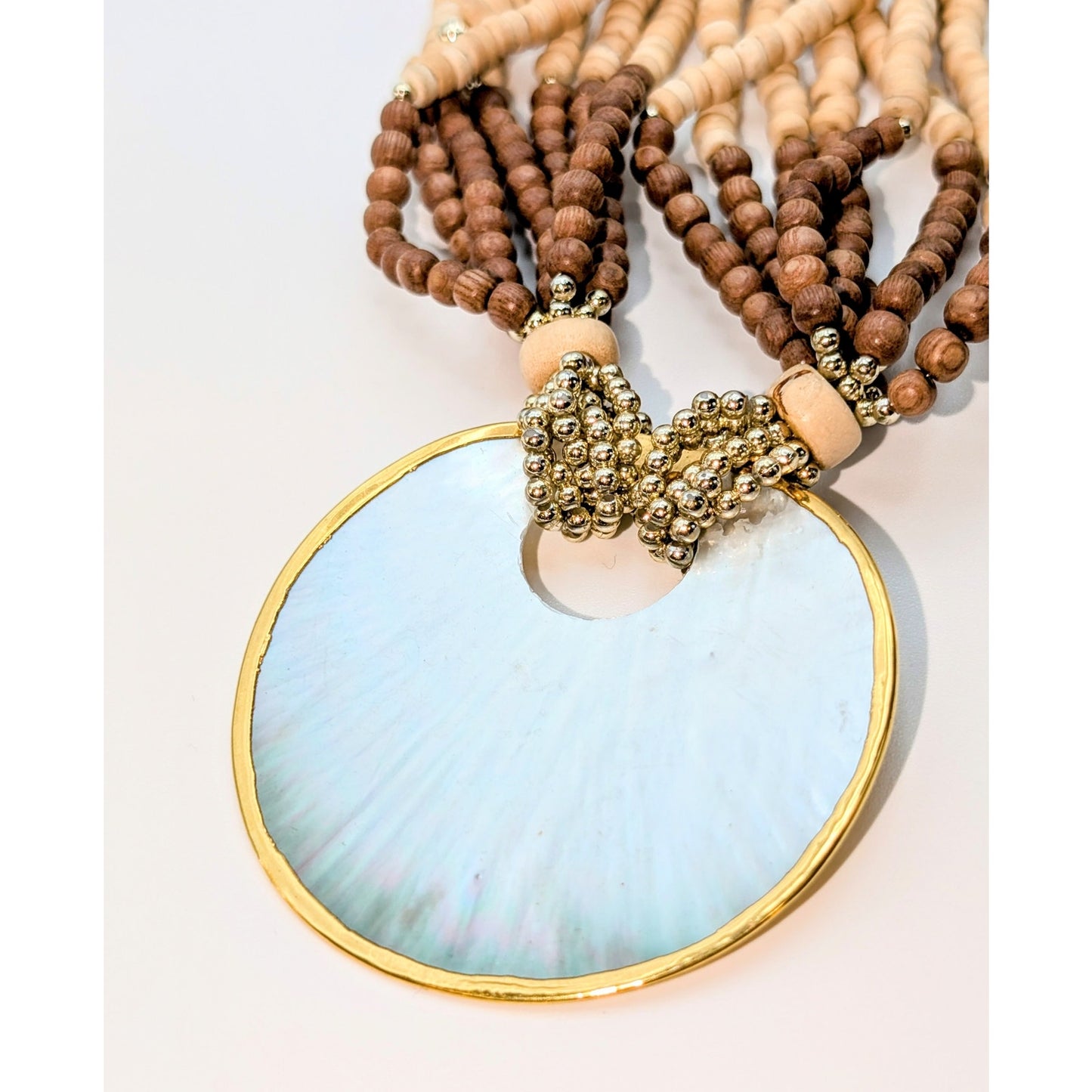 Seven Strand Wood Bead Gold Tone Shell Mountain Scene Disk Pendant 20" Necklace