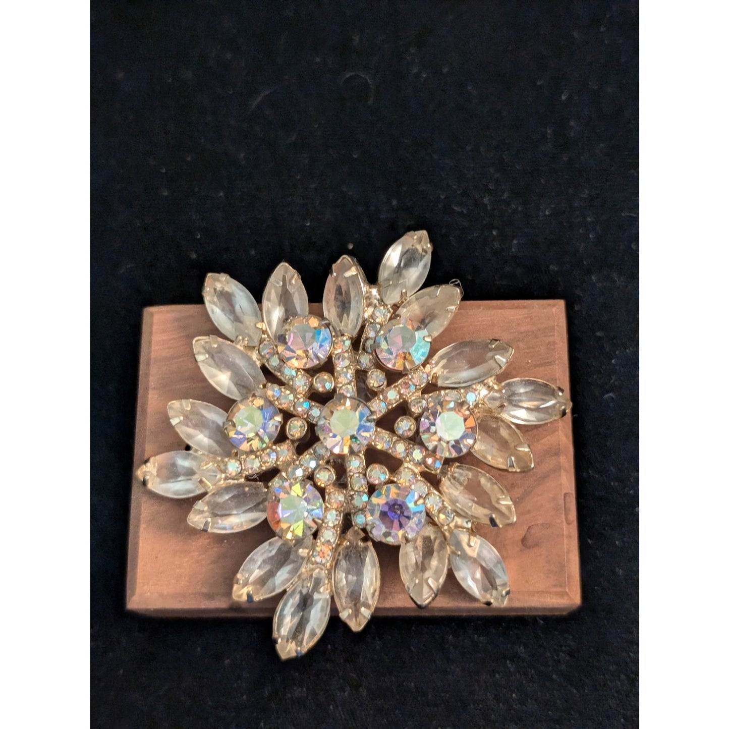 Vintage Unsigned Aurora Borealis Rhinestone Layered Flower Brooch