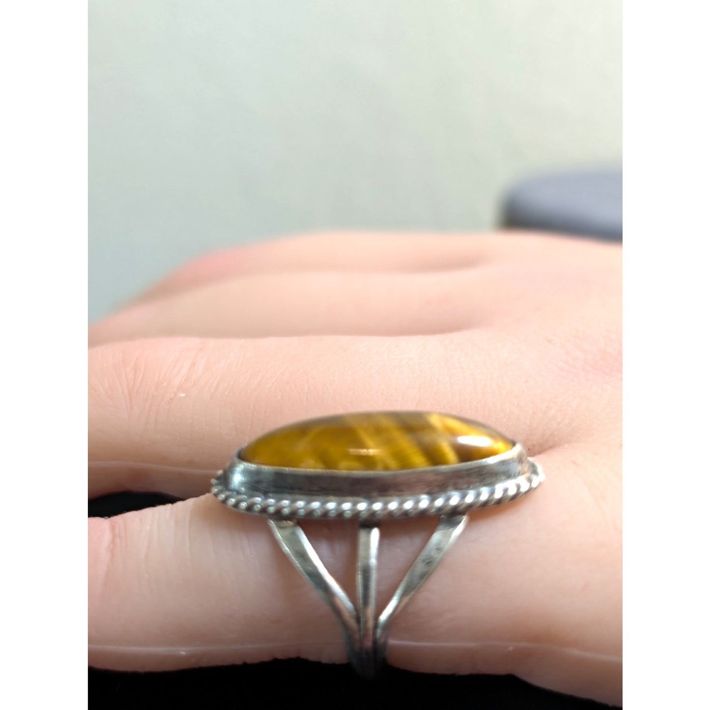Vintage Sterling Silver Tiger's Eye Long Oval Native American Ring Size 4
