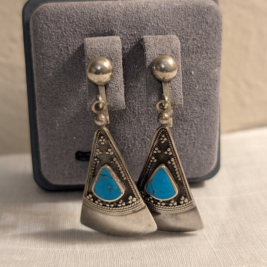 VTG 925 Sterling Silver Turquoise Bali Style Triangle Dangle Clip On Earrings