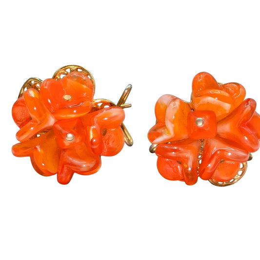 Rare! Judith McCann Mid-Century Modern Orange Glass Flower Wingback Earrings