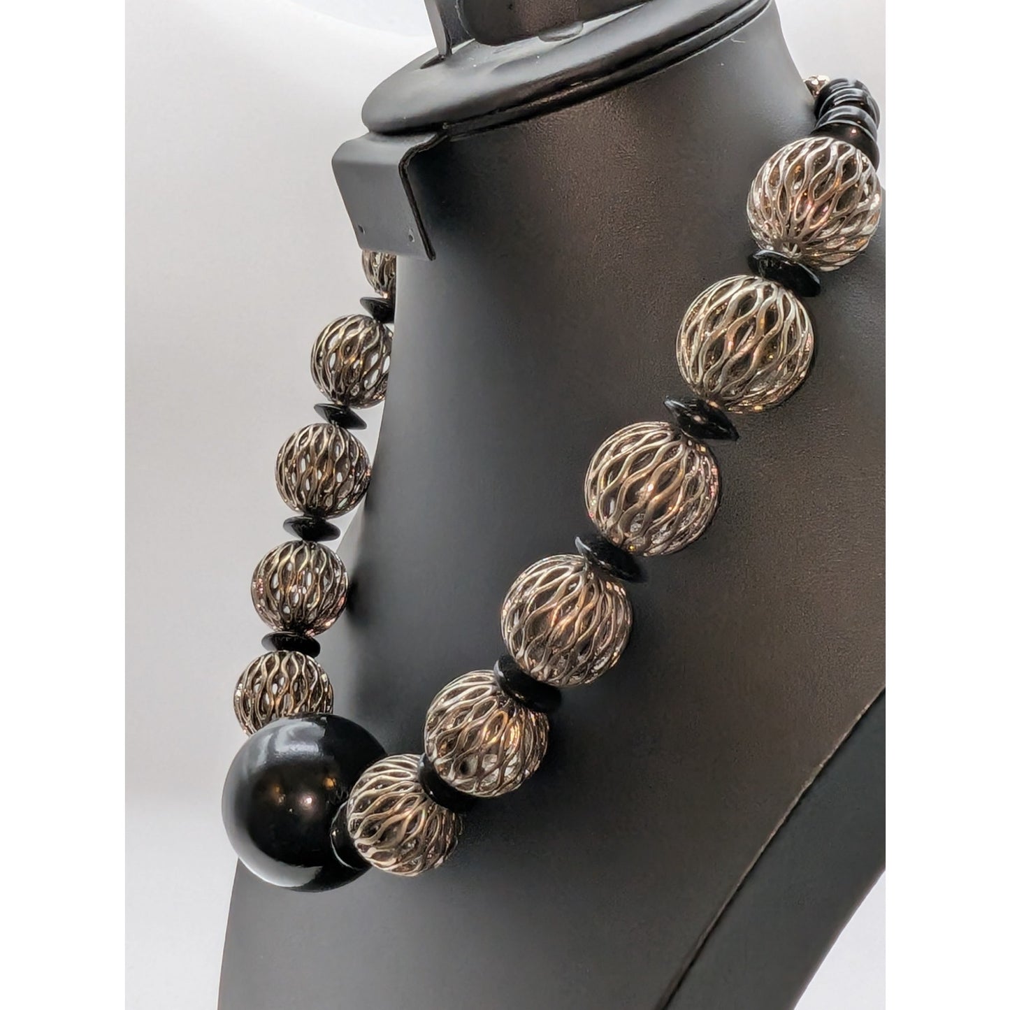 Chunky Heavy Blackened Silver Tone Black Ball Caged Bead Hook Clasp 22" Necklace