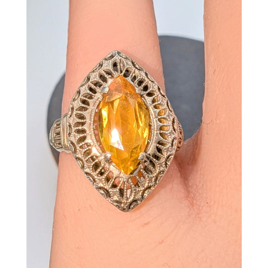 VTG Art Deco Marked Sterling PSC Tests as Yellow Sapphire Filigree Ring Sz 4.75