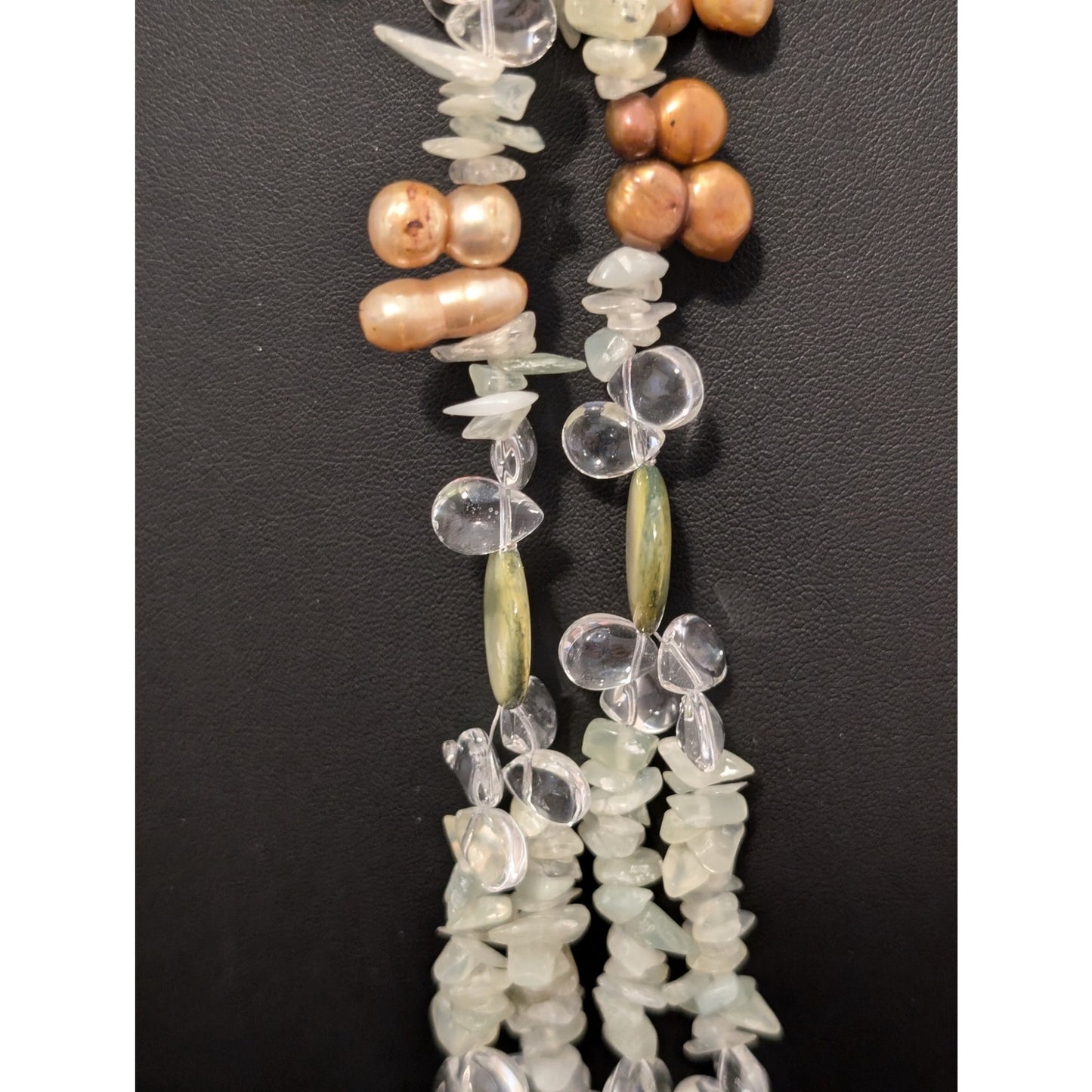 58" Long Green Coin Shell Stone Chip Gold Pearl Glass Teardrop Lariat Necklace