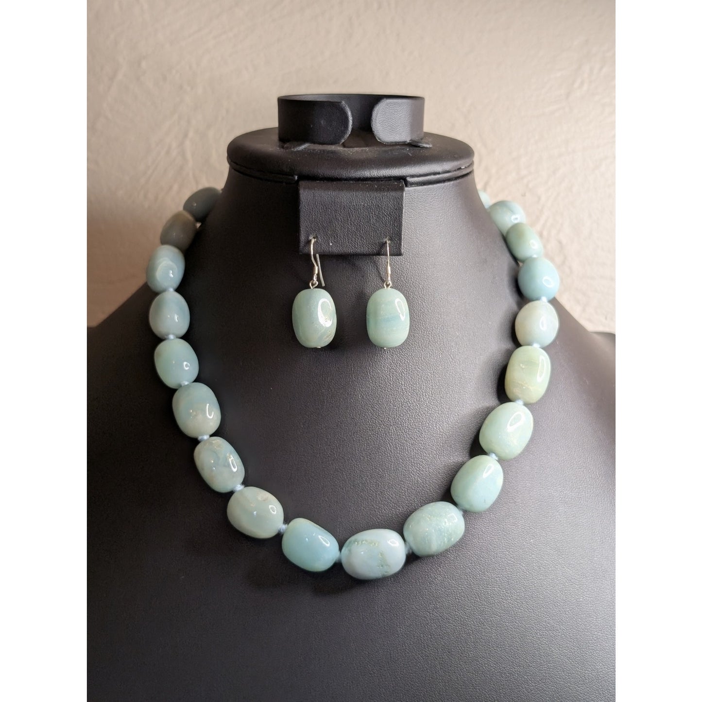 GSJ Sterling Silver Natural Blue Aqua Stone Bead Necklace & Dangle Earring Set