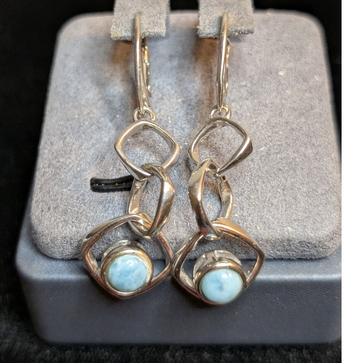 Vintage 925 Sterling Silver Loopy Dangle Lever Back Larimar Stone Earrings