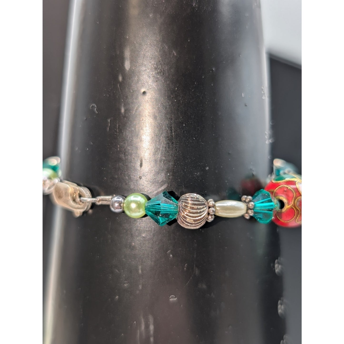 925 Sterling Silver Red Cloisonne Green Crystal Sterling Bead Bracelet