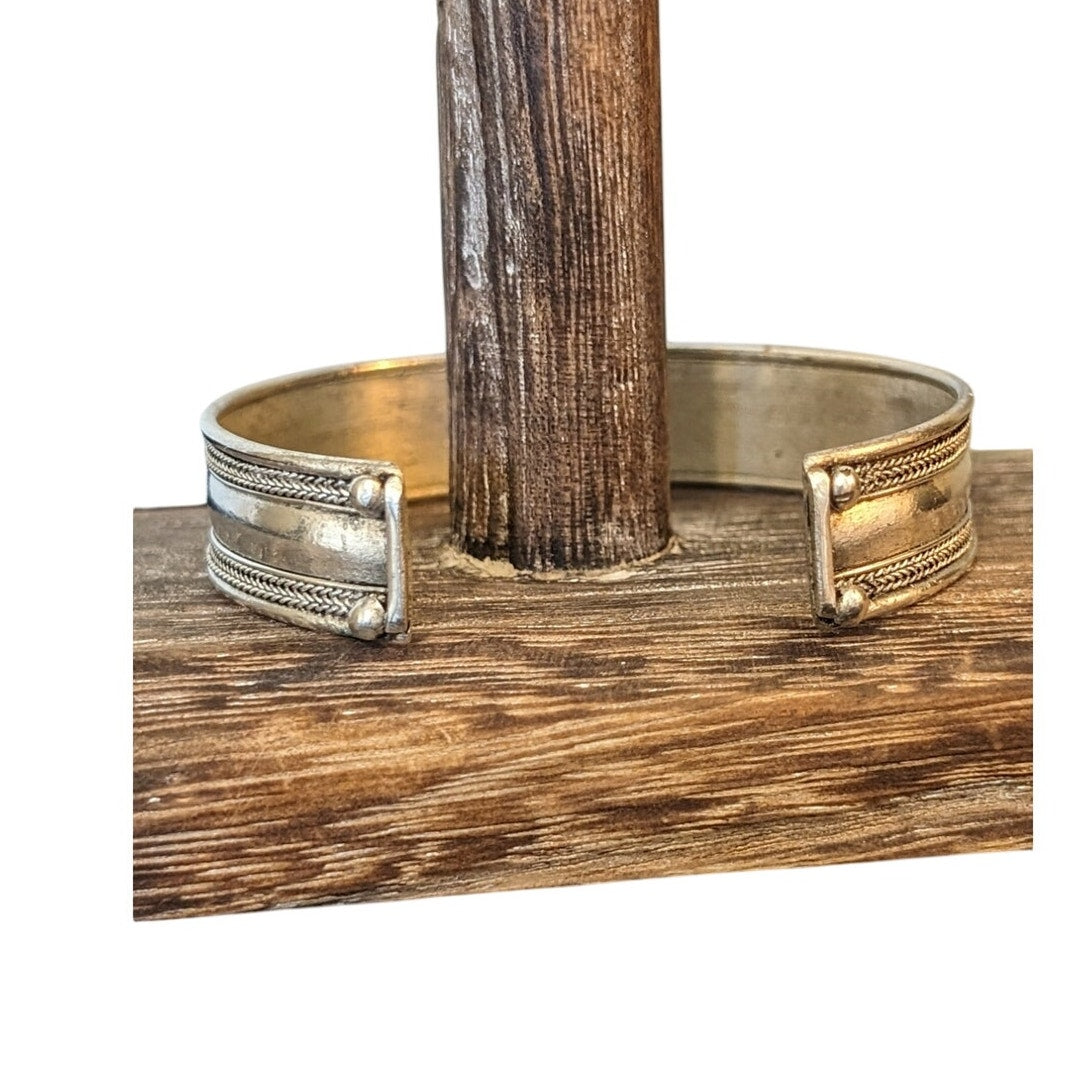 Vintage Bezel Set Glass Three Stone Silver Tone Cuff  Bracelet