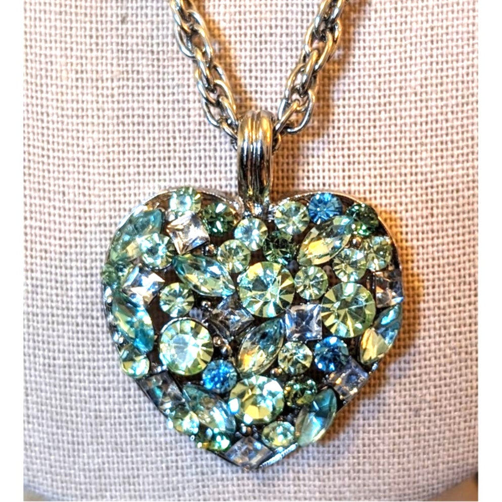 Vintage Blue Green Clear Multi-Shape Crystal Heart Pendant 21" Necklace