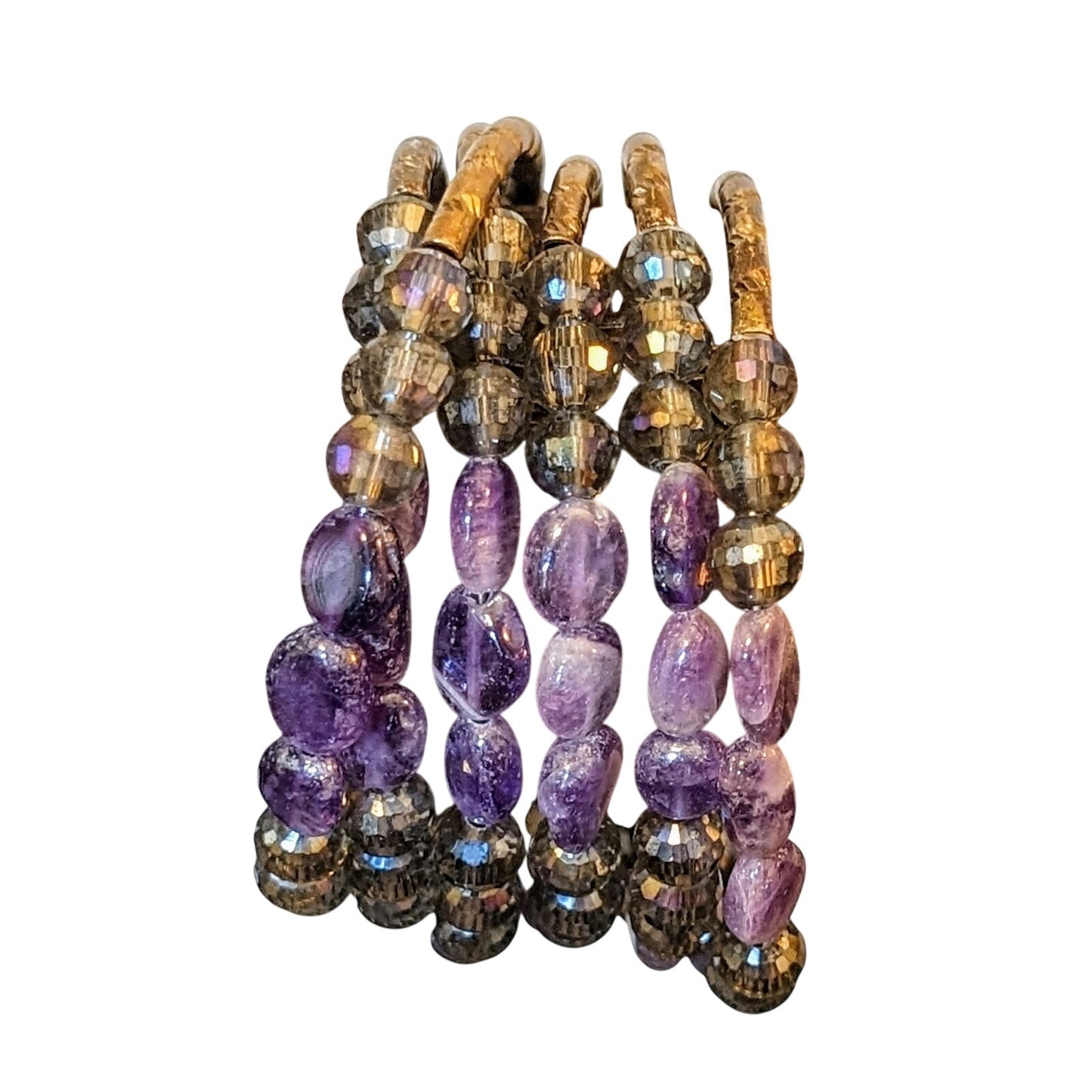 Amethyst Stone Smokey Purple Crystal Wire Boho Coil Bracelet