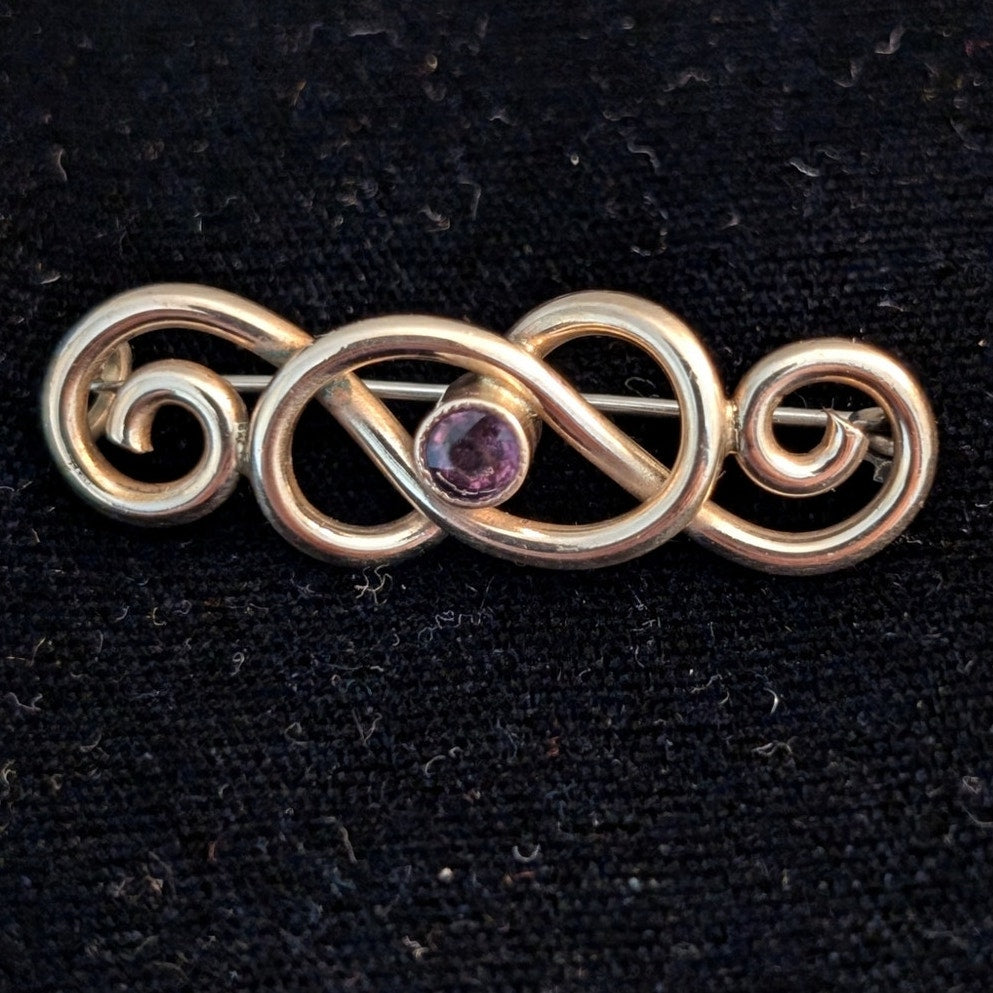Antique Rolled Gold Bezel Set Purple Crystal Bar Pin