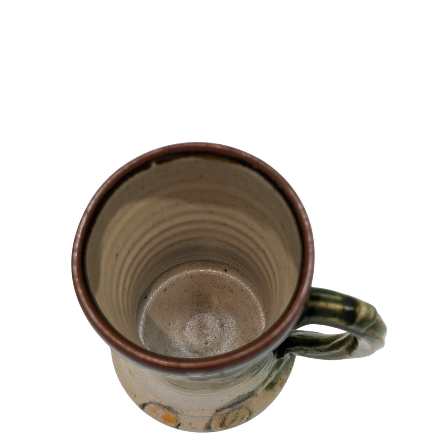 Signed Stamped Studio Pottery Green Yellow Brown Swirl Pattern Mug