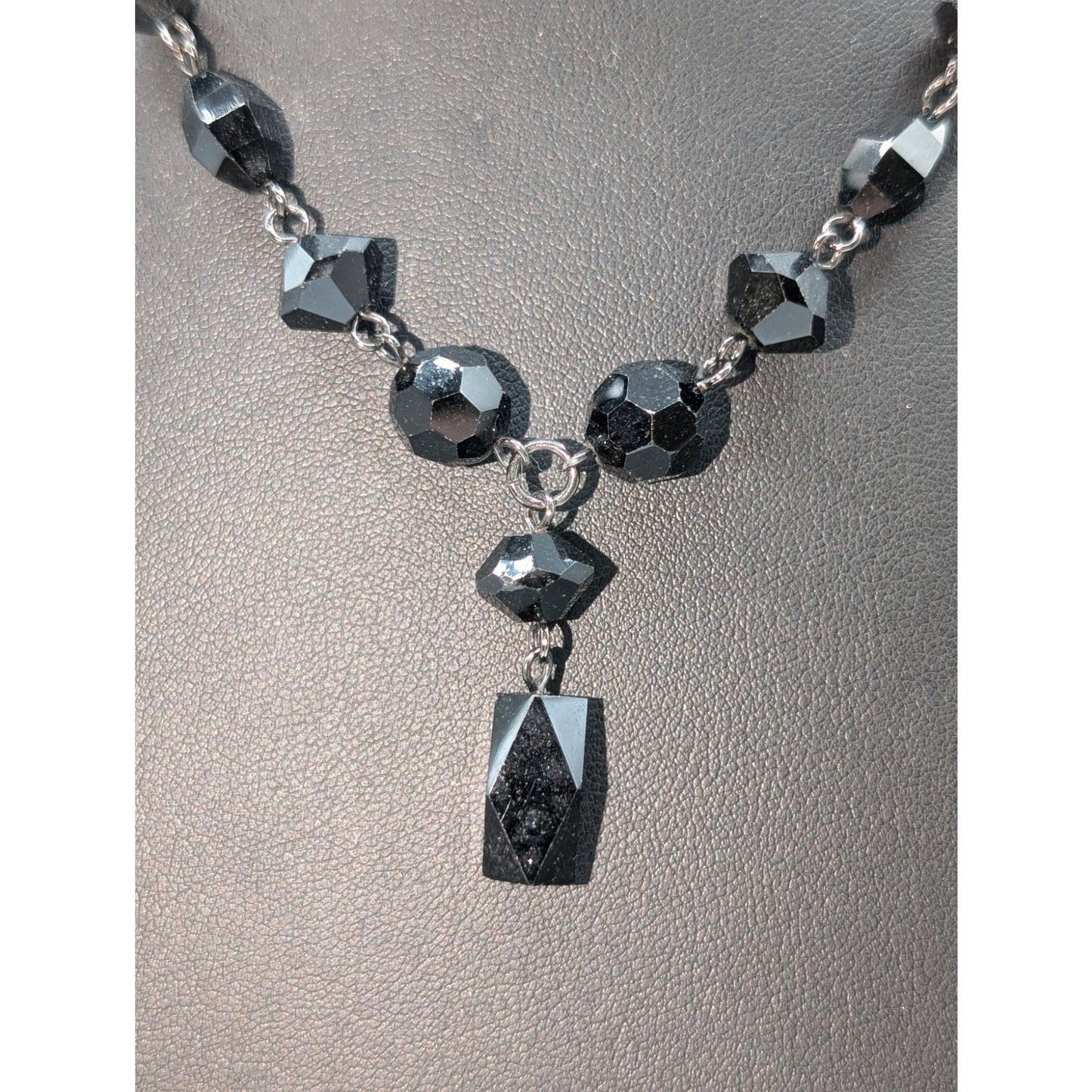 Gun Metal Black Glass Bead Y-Drop 16"-18.5" Necklace & Matching Earring Set