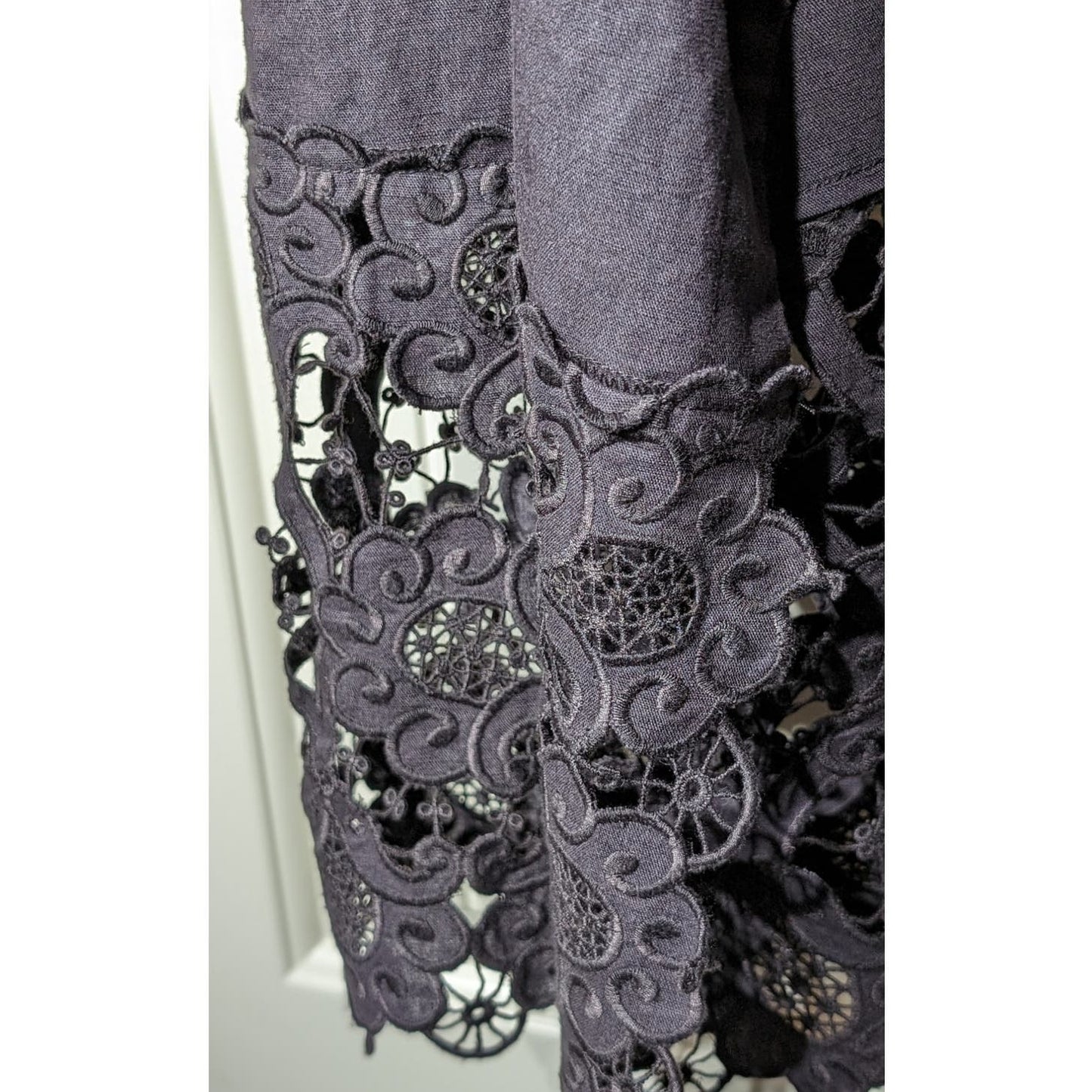 Isda & Co Dark Chocolate Brown Lightweight Wide Lace Hem Open Front Jacket Sz M