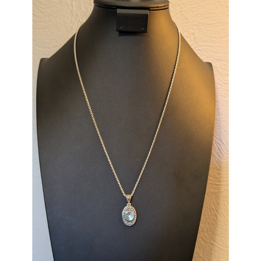 VTG 925 Sterling Silver Filigree Abalone Shell Pendant Rope 24" Chain Necklace