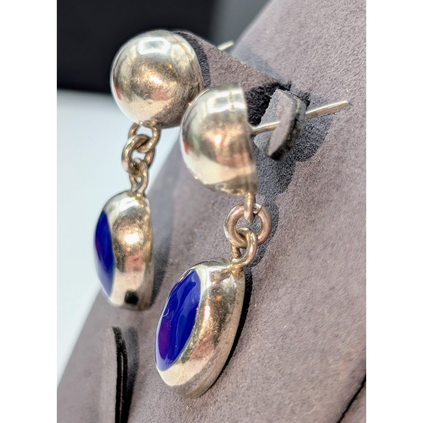 VTG Taxco Mexico Sterling Silver Lapis Lazuli Inlay 1.5" Long Dangle Earrings