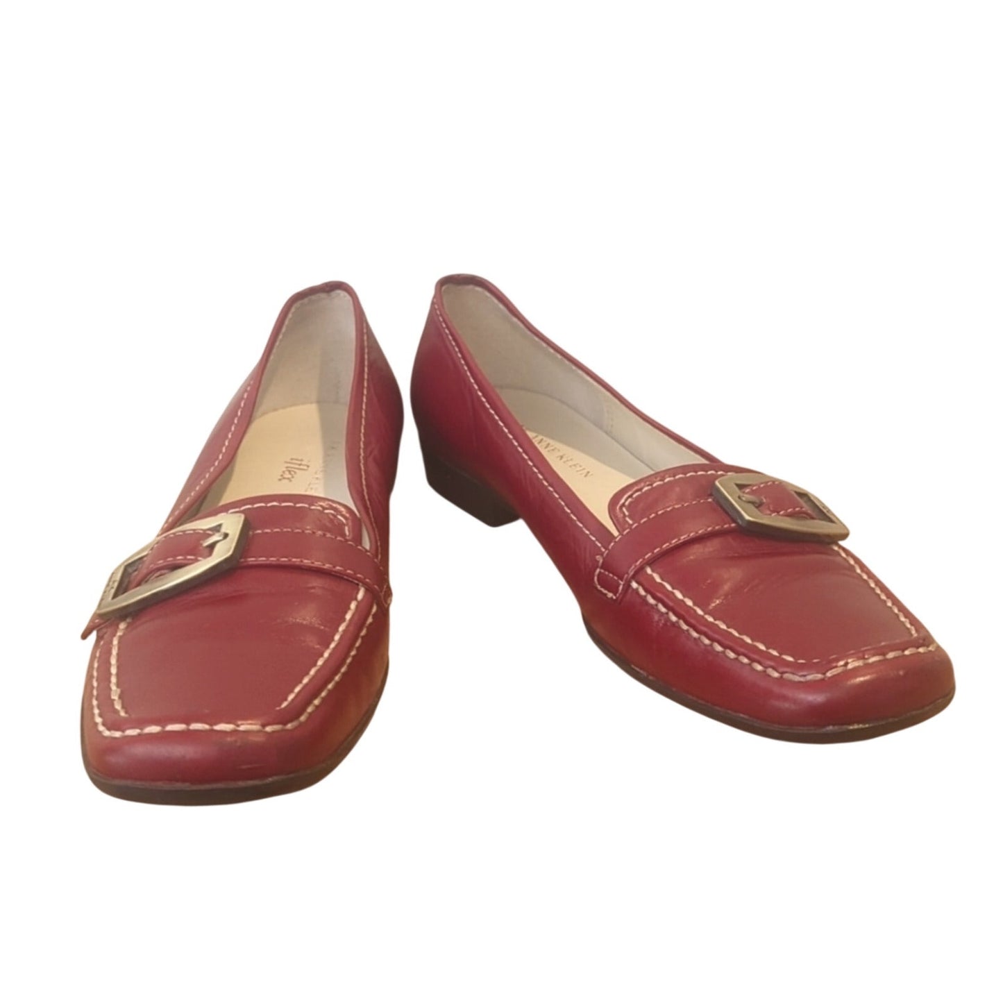 Anne Klein iflex Red Leather Topstitch Gold Hardware Loafers Women's Size 7.5N