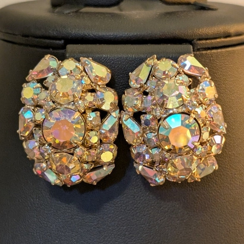 Spectacular Vintage AB Rhinestone Crystal Gold Tone Statement Clip On Earrings
