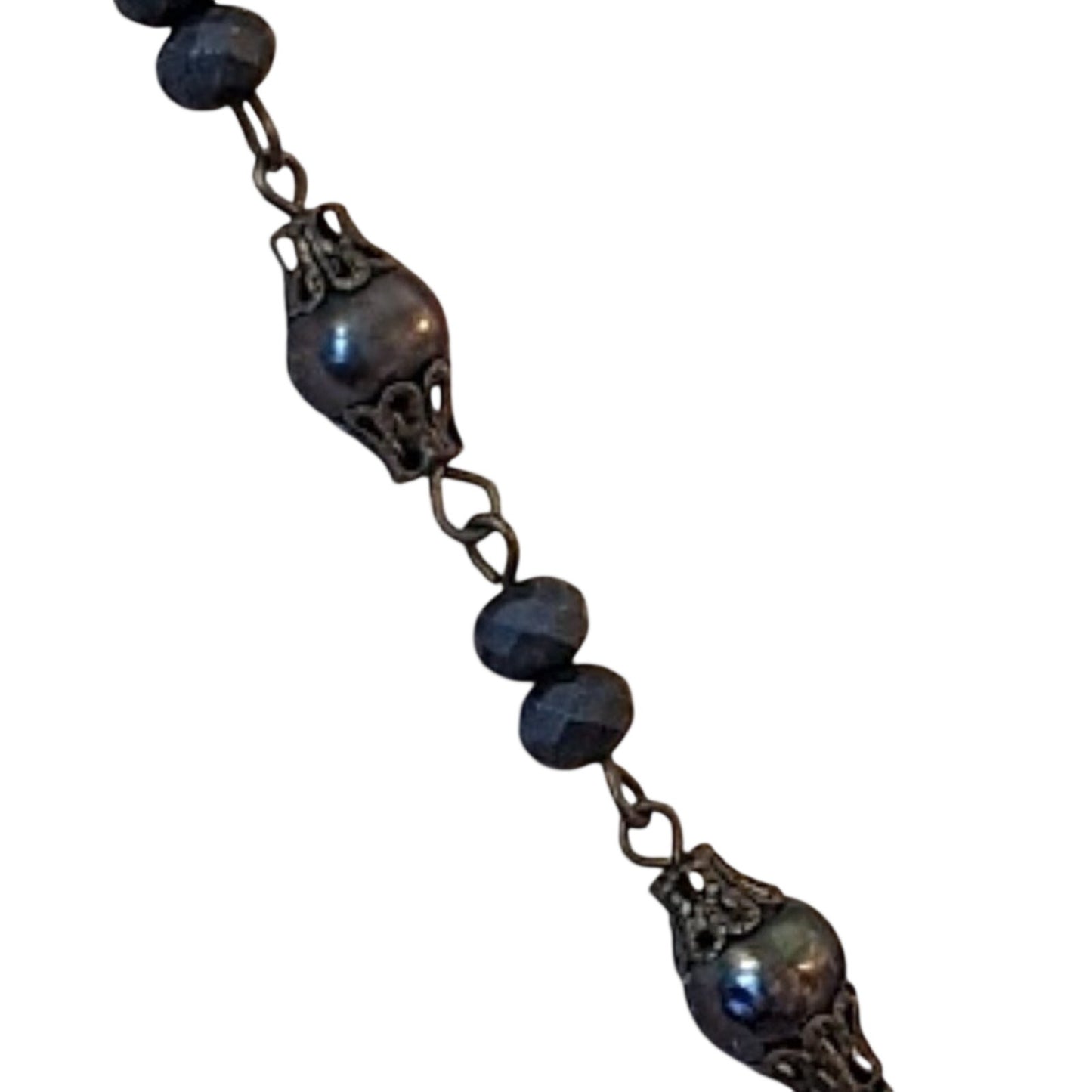 Vintage Bezel Set Smoky Blue Crystal Pendant on Beaded Chain Necklace