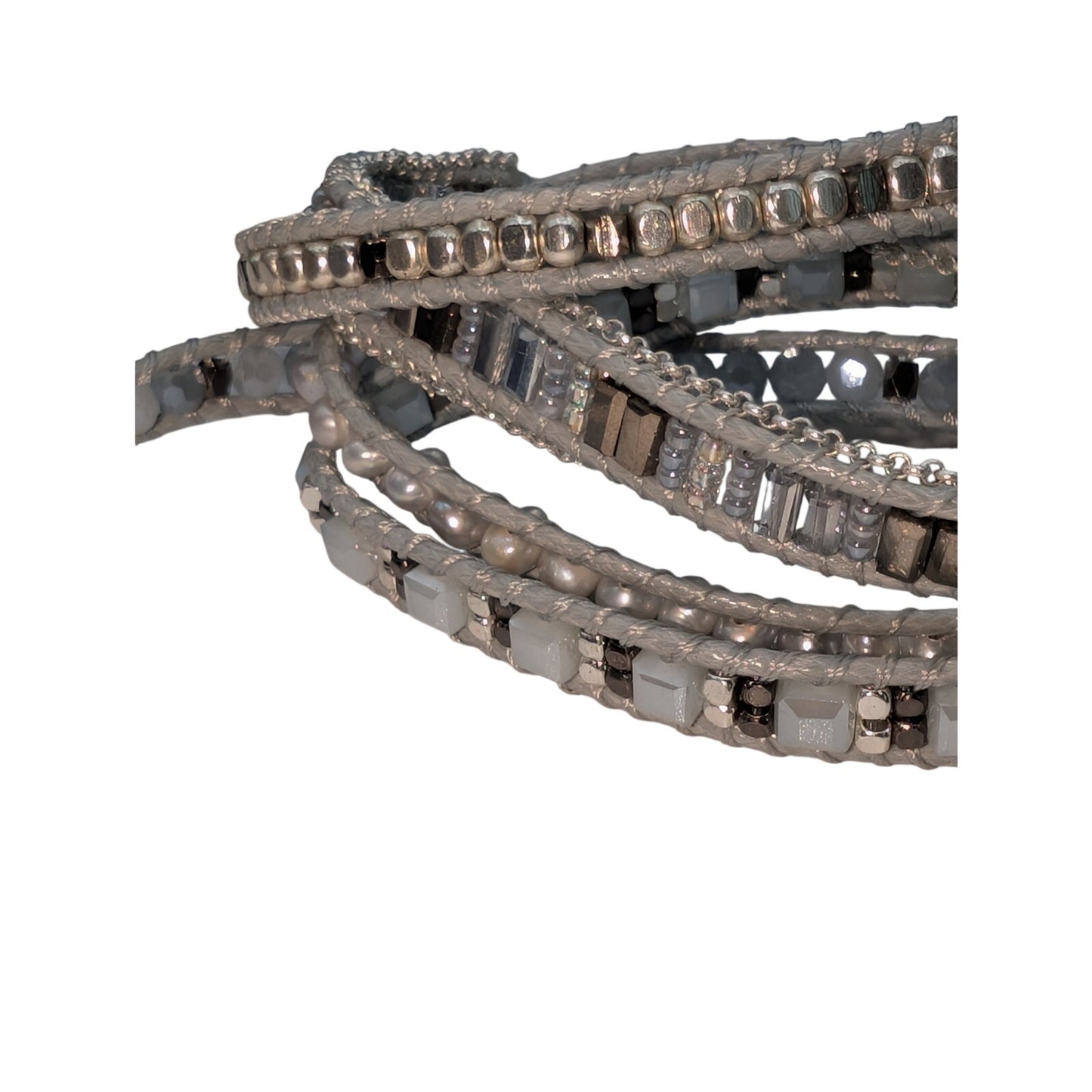 Shades of Gray Pale Blue Crystal Genuine Pearl Bead Wrap Bracelet